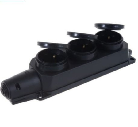 Колодка 16А  3 гнезда черная каучук с крышкой с з/к 220В IP44 IN HOME