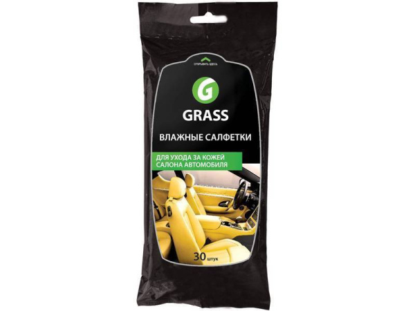 Салфетки влажные для ухода за кожаным салоном автомобиля с нат.воском 30шт Grass---